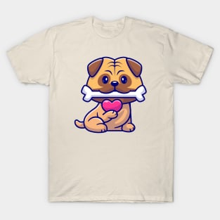 Cute Pug Dog Bite Bone And Holding Love Cartoon T-Shirt